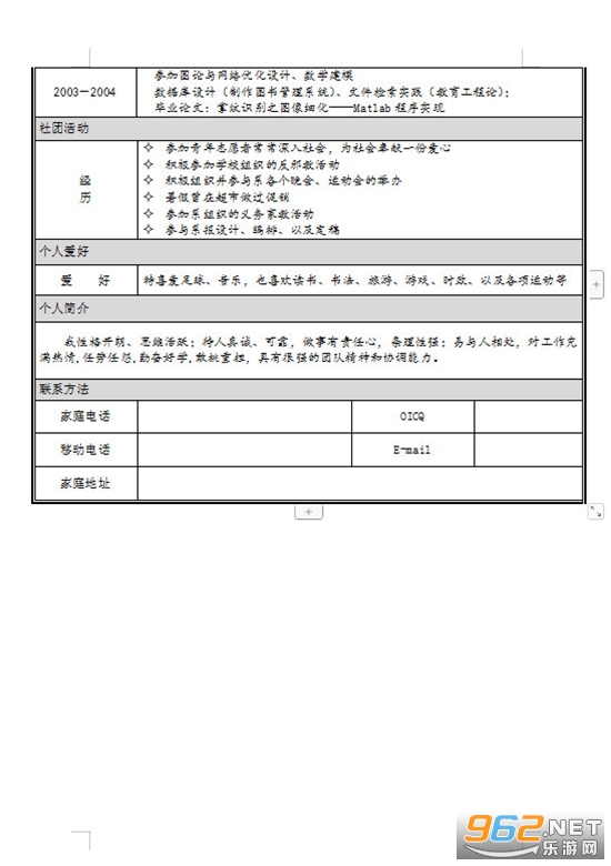 大学生个人简历电子版模板